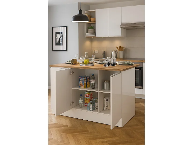 Îlot de cuisine Dcarnelo, Armoire polyvalente, Meuble de kitchenette, Table auxiliaire, 100% Made in Italy, 155x90h90 cm, Blanc brillant et chêne