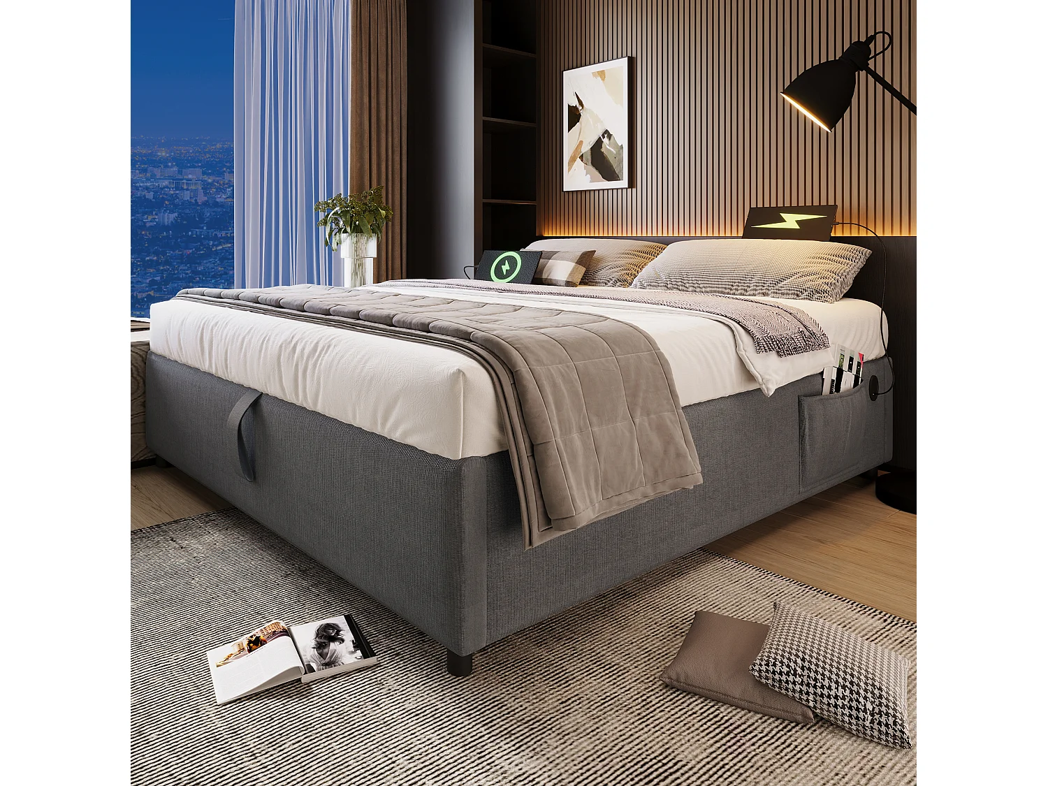 Lit coffre 140x200 cm sans tête de lit - avec USB et rangement latéral - lin gris (sans matelas)