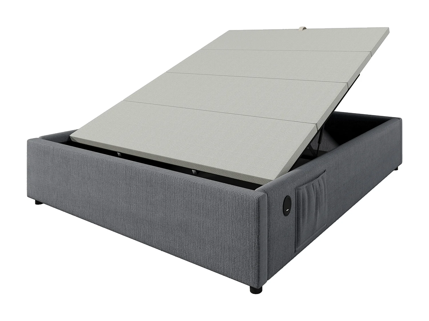 Lit coffre 140x200 cm avec USB et Type C, sommier à panneaux en bois, coton et lin gris (Sans matelas)