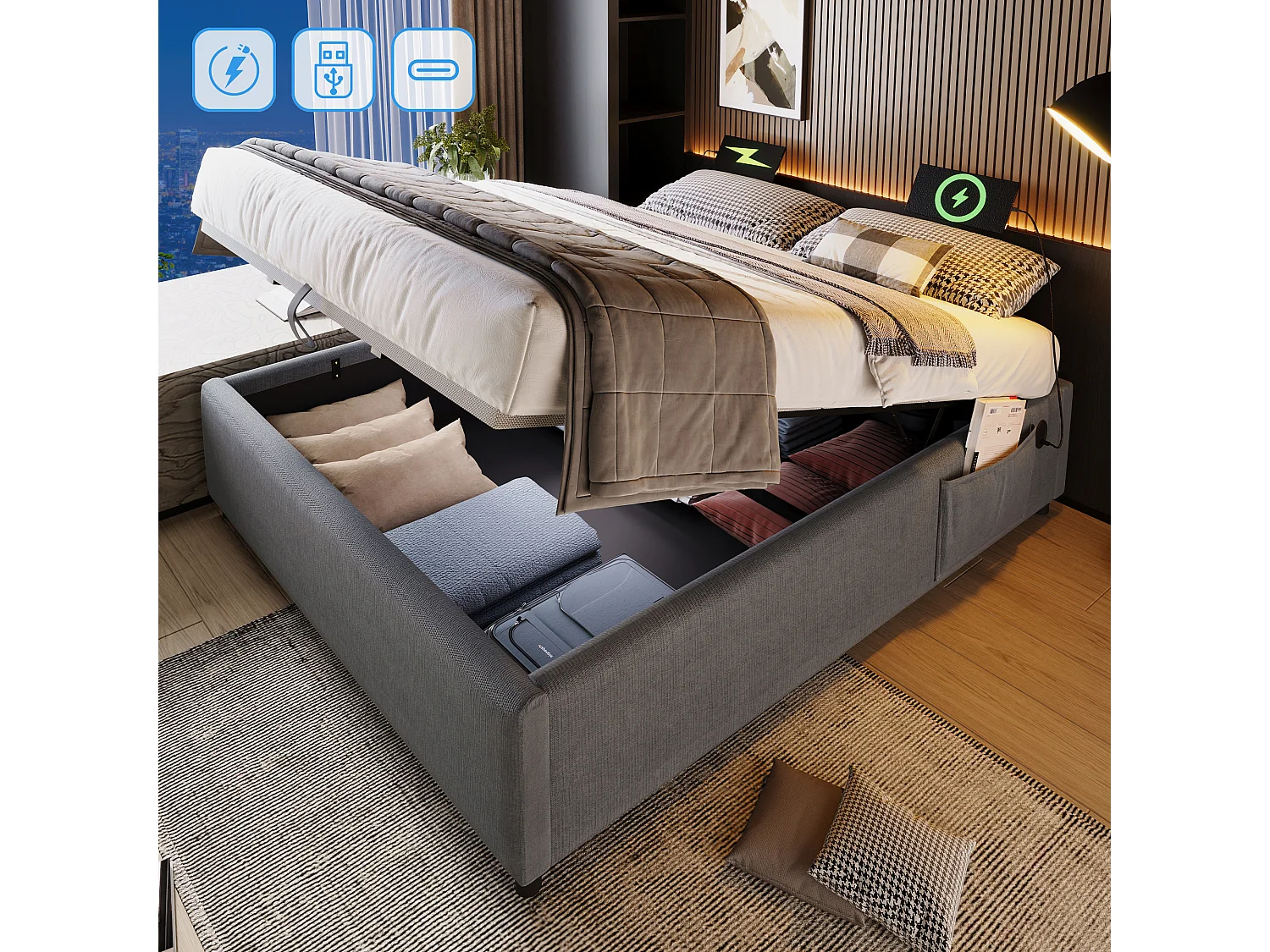 Lit coffre 140x200 cm avec USB et Type C, sommier à panneaux en bois, coton et lin gris (Sans matelas)