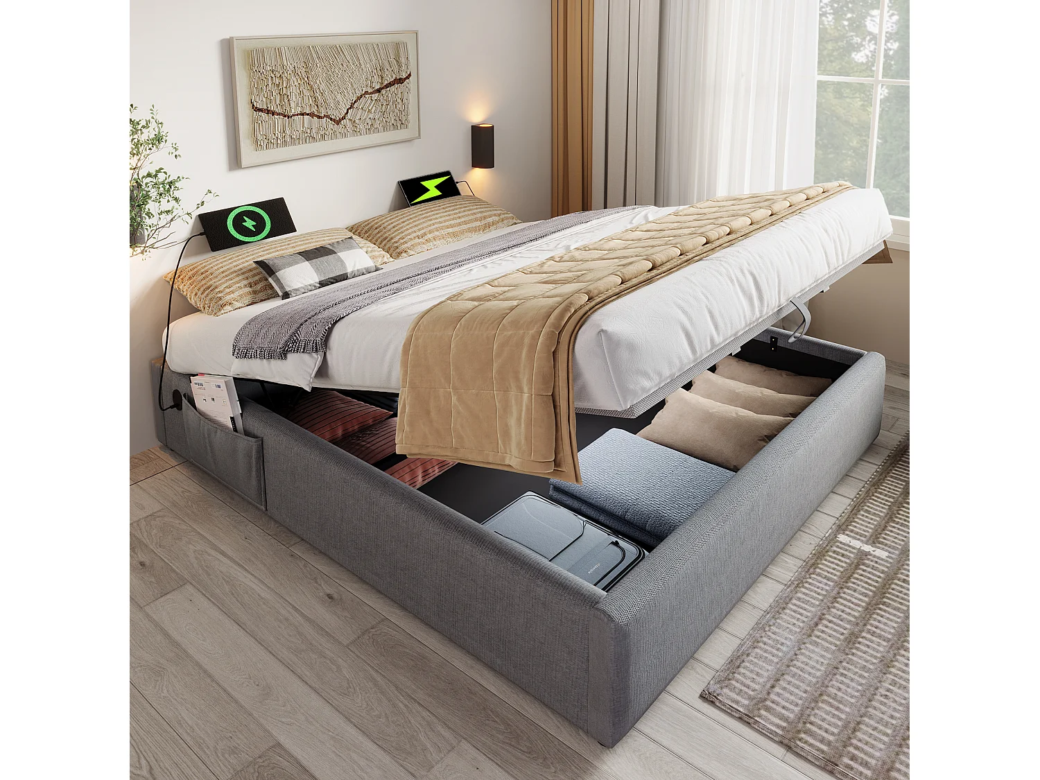 Lit coffre 140x200 cm avec USB et Type C, sommier à panneaux en bois, coton et lin gris (Sans matelas)