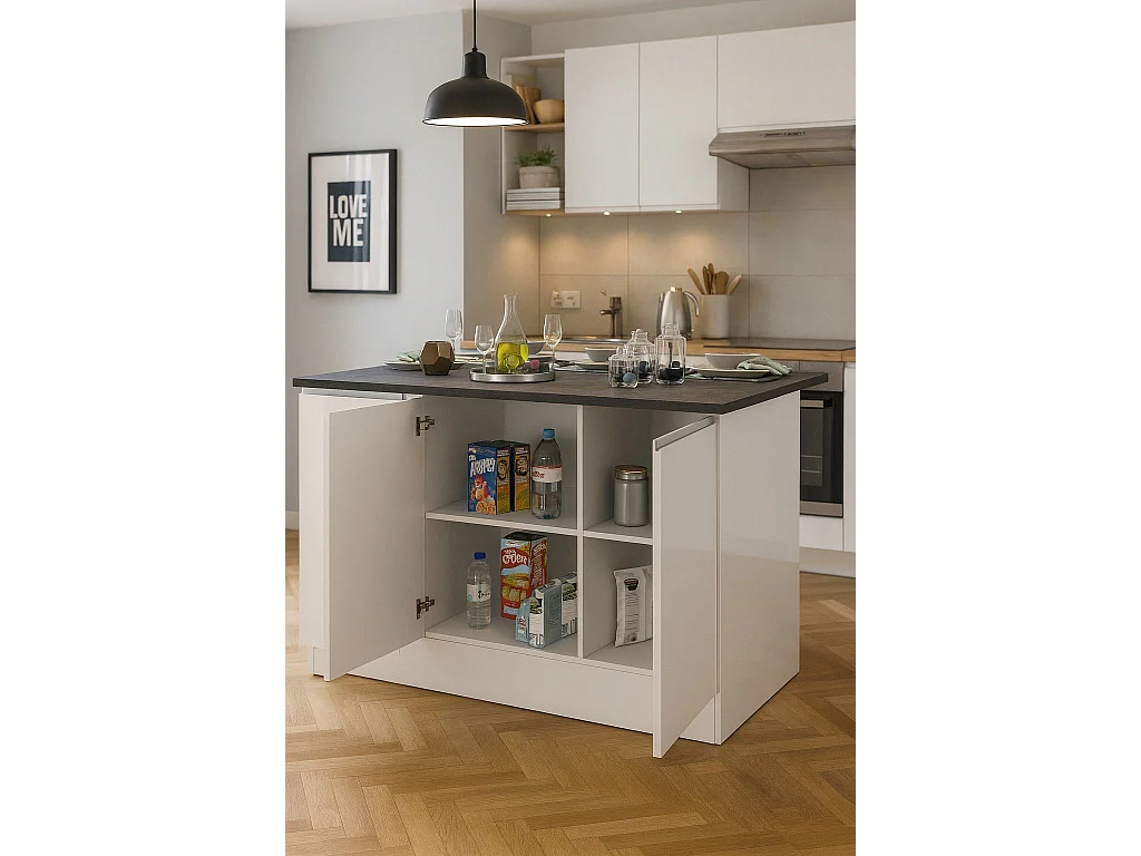 Îlot de cuisine Dcarnelo, Armoire polyvalente, Meuble de kitchenette, Table auxiliaire, 100% Made in Italy, 155x90h90 cm, Blanc brillant et ardoise