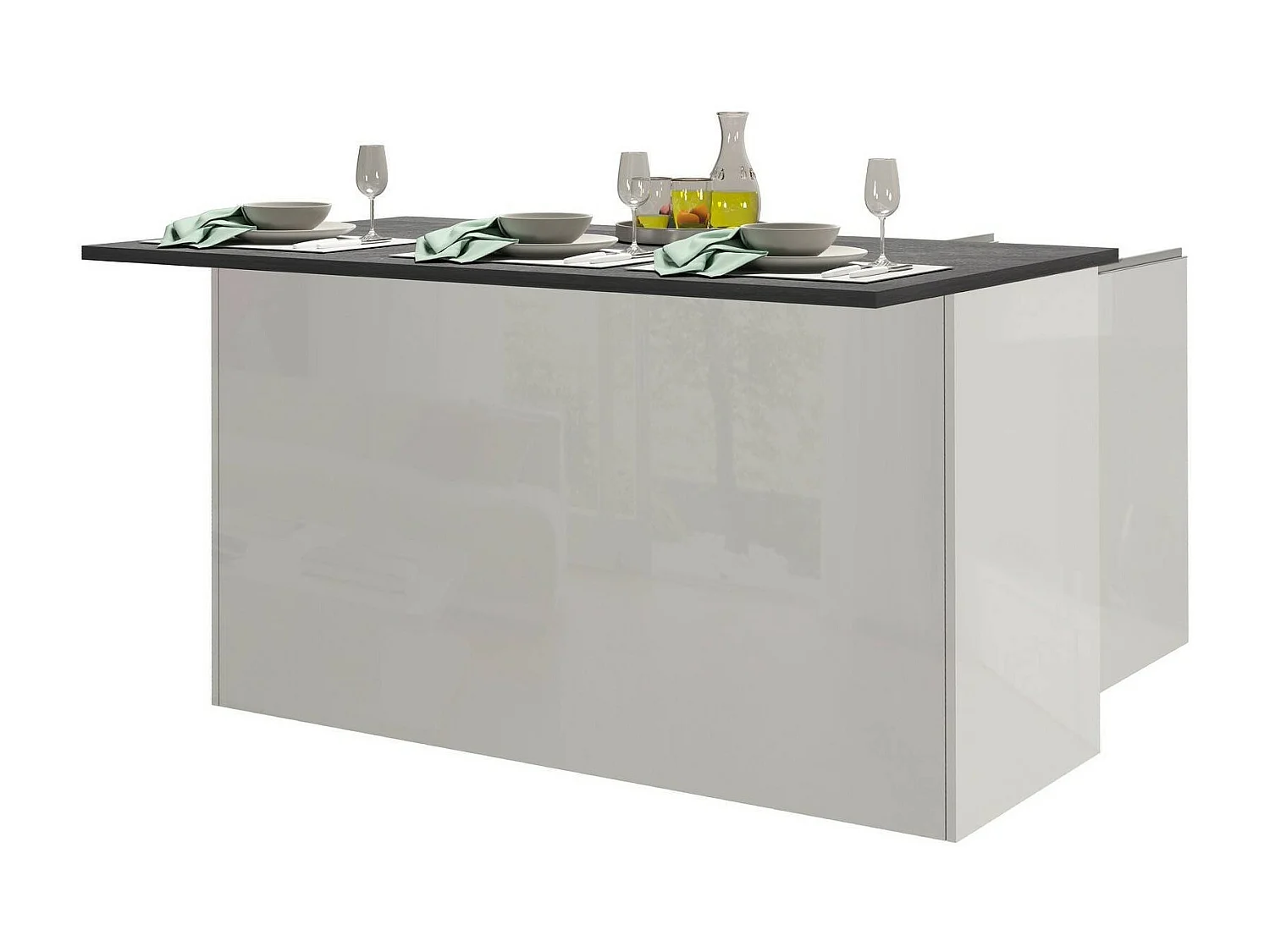 Îlot de cuisine Dcarnelo, Armoire polyvalente, Meuble de kitchenette, Table auxiliaire, 100% Made in Italy, 155x90h90 cm, Blanc brillant et ardoise