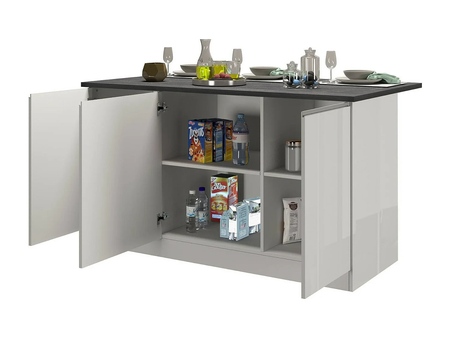 Îlot de cuisine Dcarnelo, Armoire polyvalente, Meuble de kitchenette, Table auxiliaire, 100% Made in Italy, 155x90h90 cm, Blanc brillant et ardoise