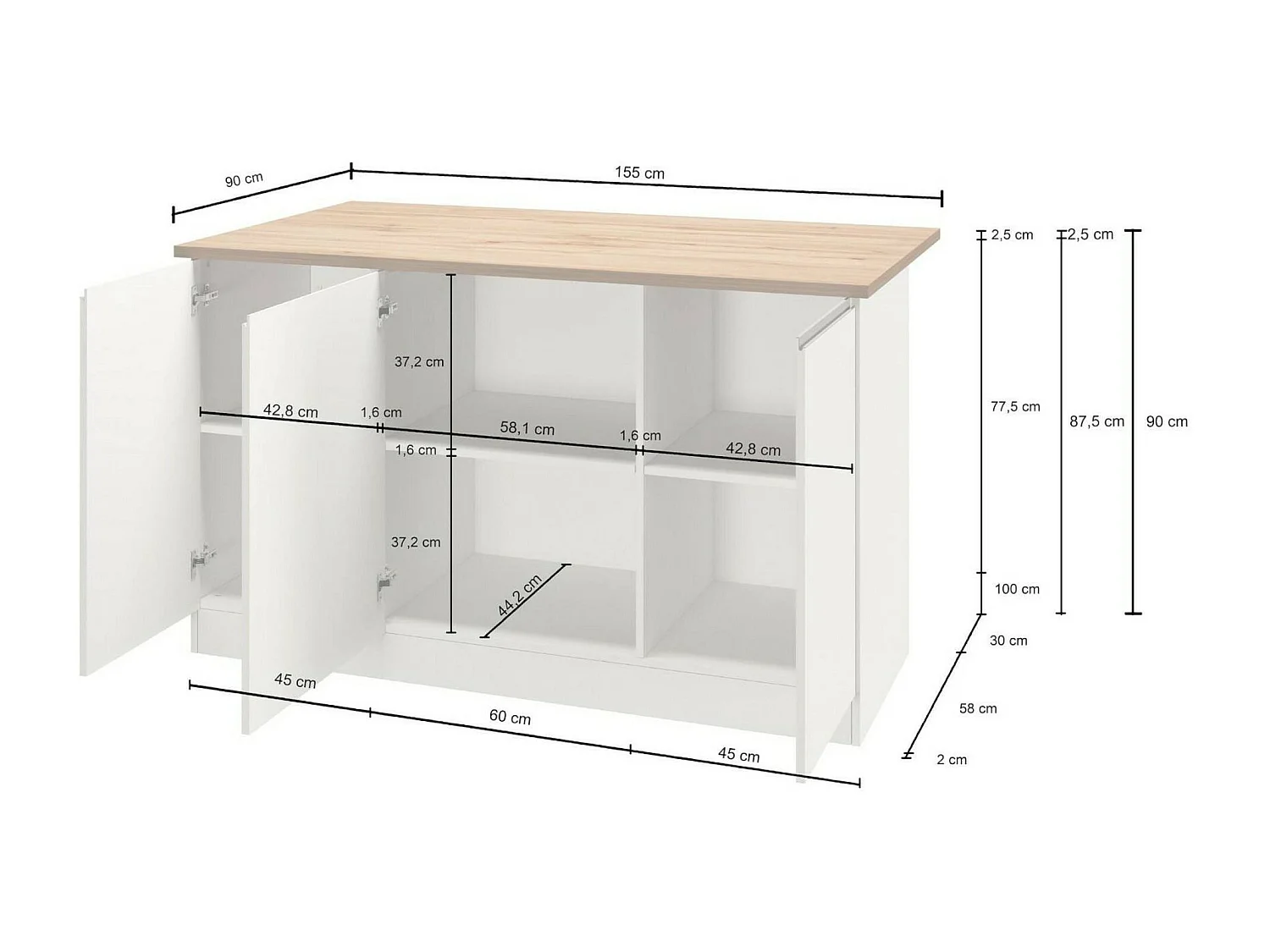 Îlot de cuisine Dcarnelo, Armoire polyvalente, Meuble de kitchenette, Table auxiliaire, 100% Made in Italy, 155x90h90 cm, Blanc brillant et ardoise