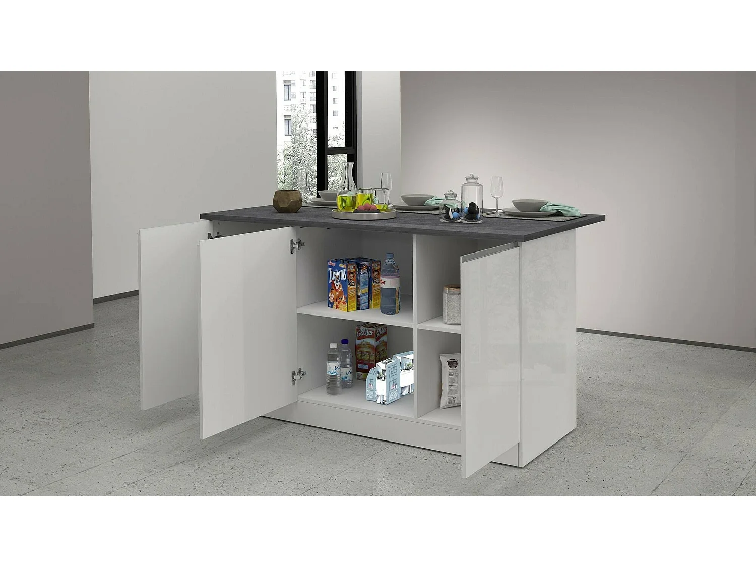 Îlot de cuisine Dcarnelo, Armoire polyvalente, Meuble de kitchenette, Table auxiliaire, 100% Made in Italy, 155x90h90 cm, Blanc brillant et ardoise