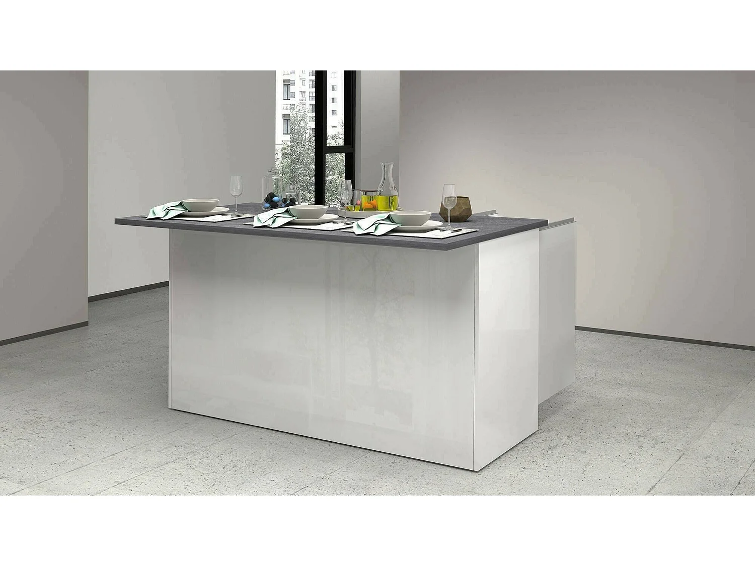 Îlot de cuisine Dcarnelo, Armoire polyvalente, Meuble de kitchenette, Table auxiliaire, 100% Made in Italy, 155x90h90 cm, Blanc brillant et ardoise