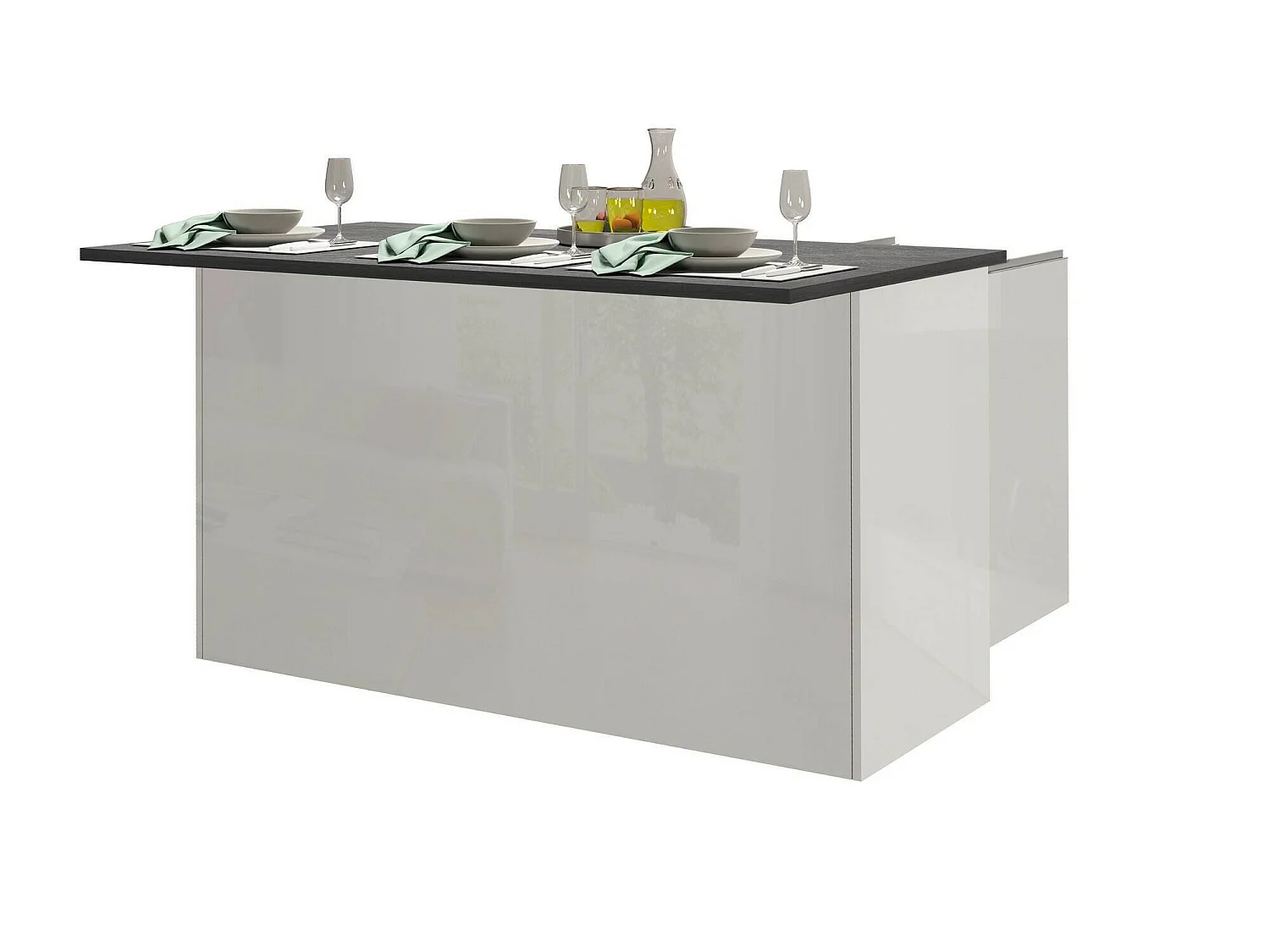 Îlot de cuisine Dcarnelo, Armoire polyvalente, Meuble de kitchenette, Table auxiliaire, 100% Made in Italy, 155x90h90 cm, Blanc brillant et ardoise