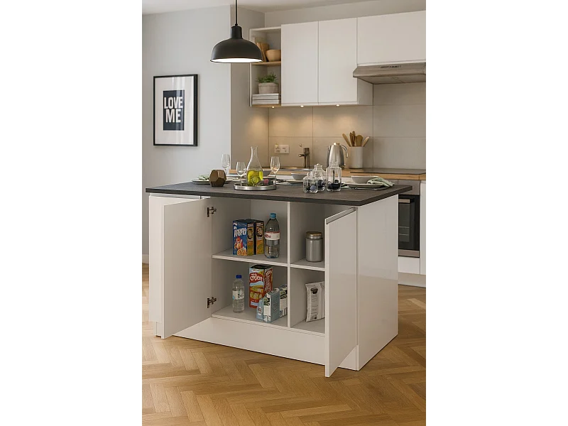 Îlot de cuisine Dcarnelo, Armoire polyvalente, Meuble de kitchenette, Table auxiliaire, 100% Made in Italy, 155x90h90 cm, Blanc brillant et ardoise