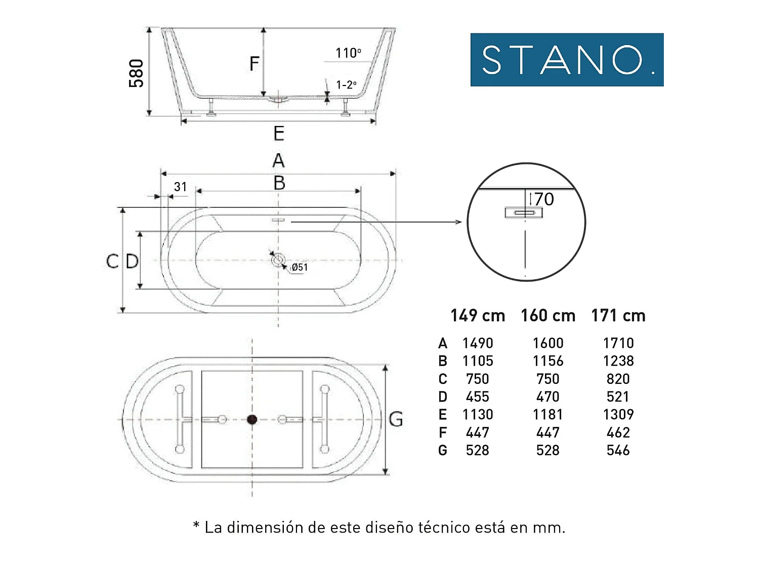 Baignoire îlot design ovale FINDLAY blanche 160 cm