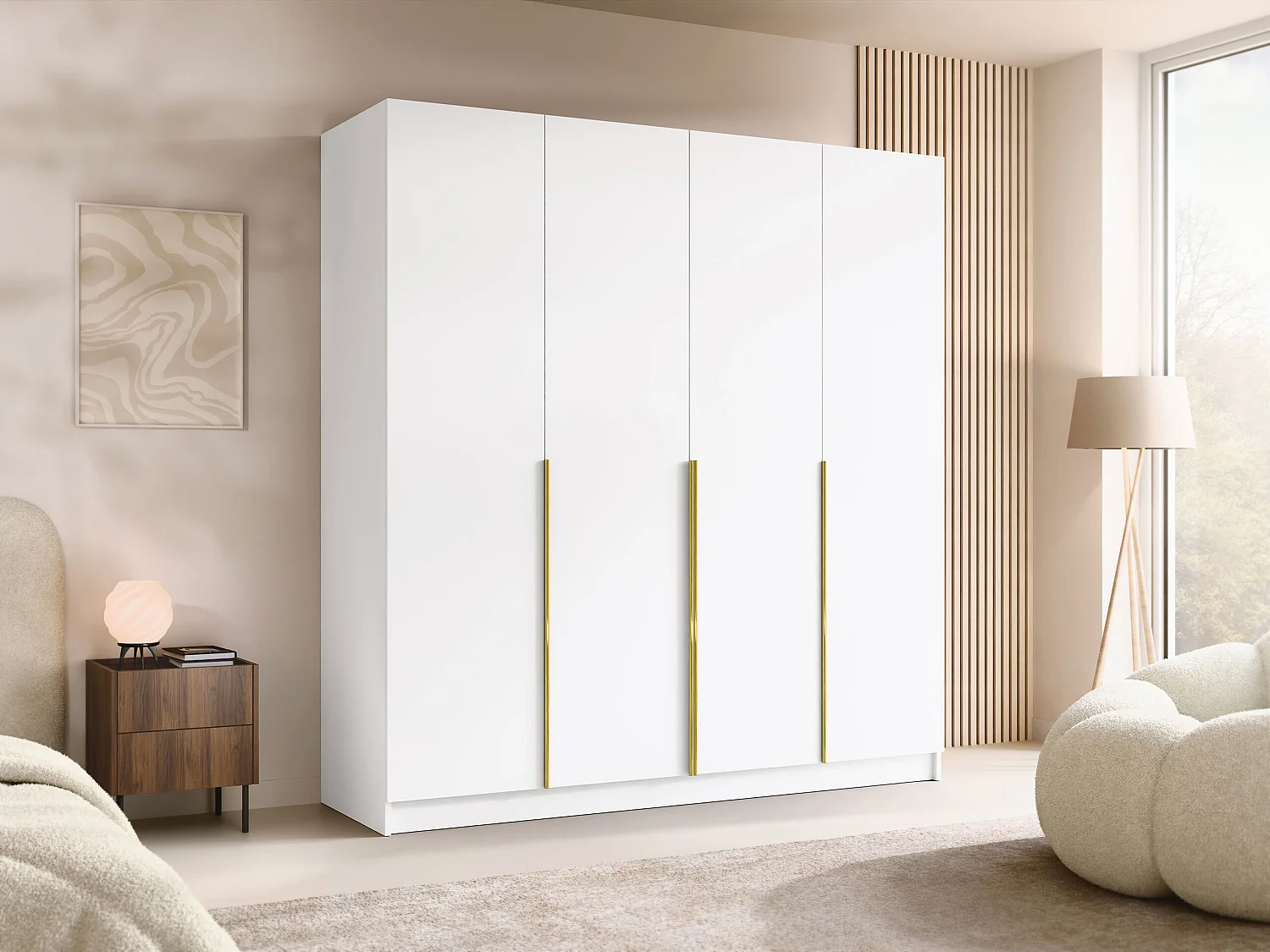 Armoire Closico Navor I, Blanc|Doré, 215x200x58cm, Portes d'armoire: Avec des charnières