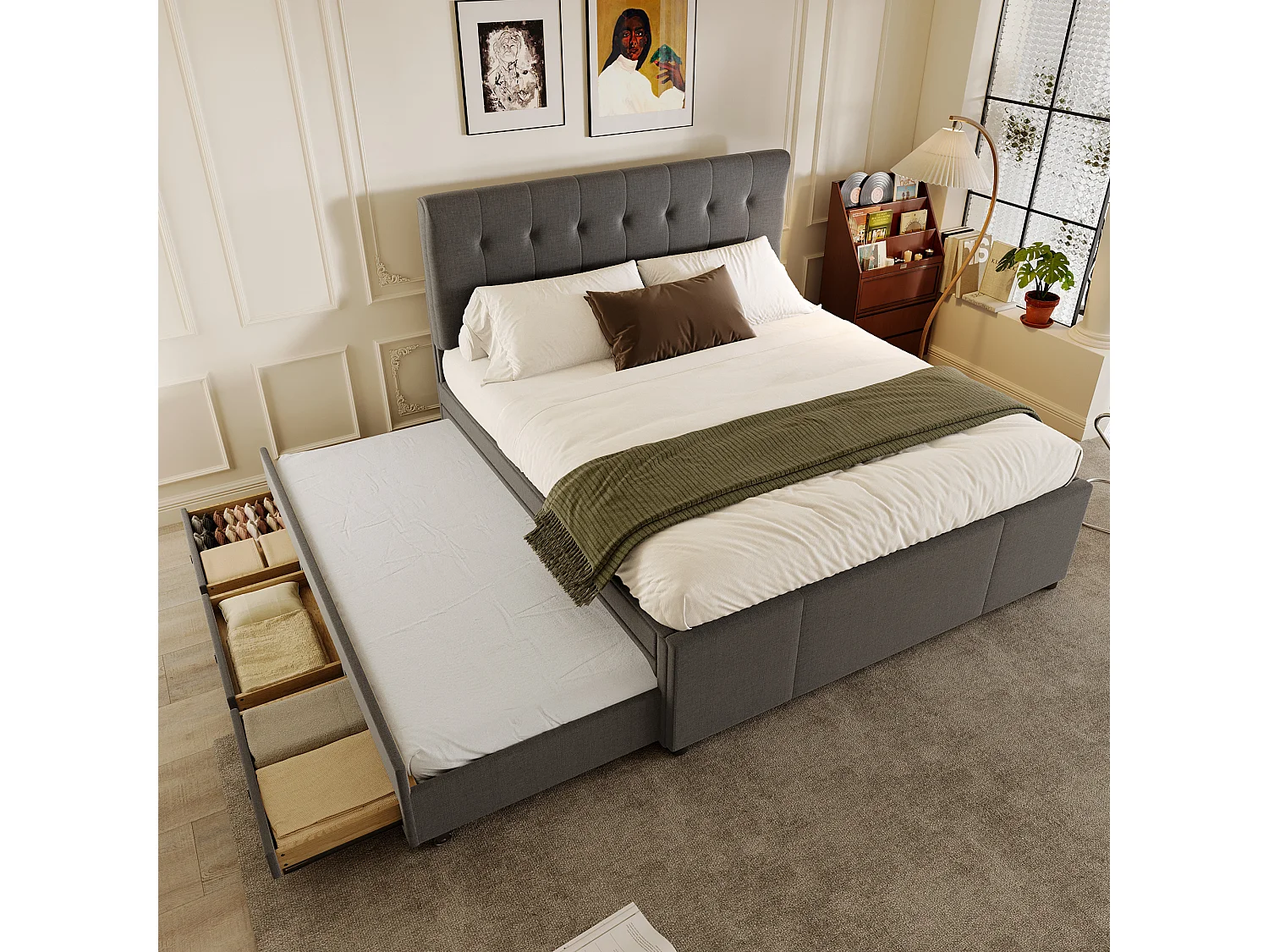 Lit double 140x200 cm avec lit gigogne, 3 tiroirs et tête de lit réglable, en lin gris (Sans matelas)