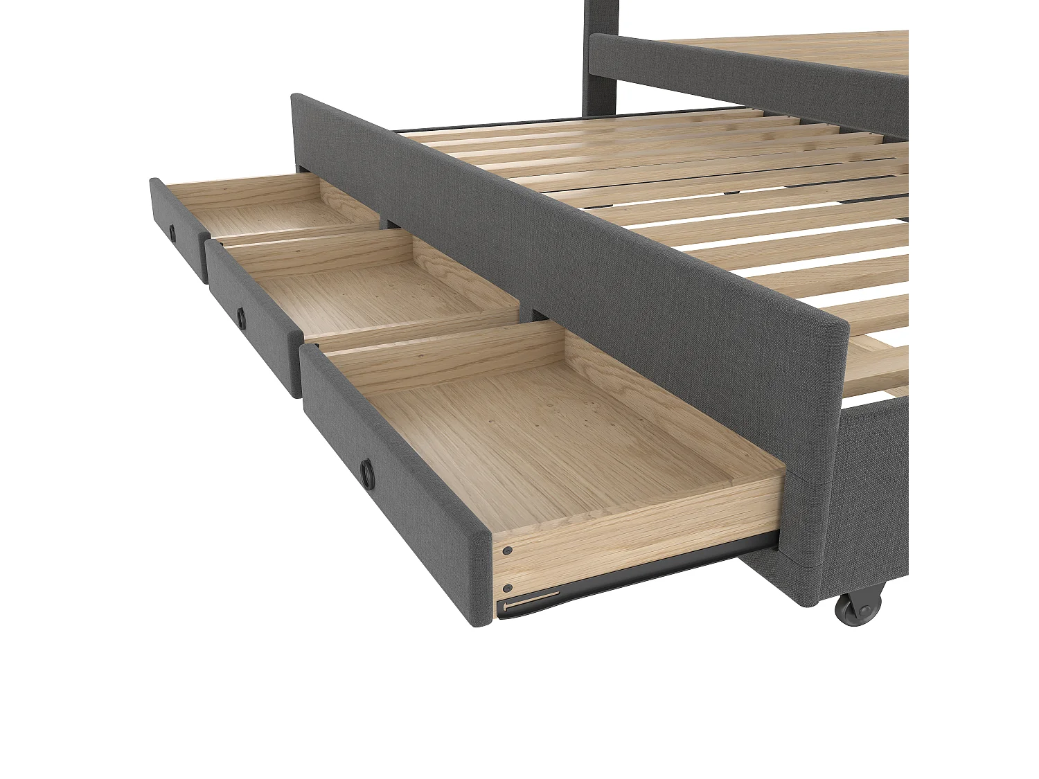 Lit double 140x200 cm avec lit gigogne, 3 tiroirs et tête de lit réglable, en lin gris (Sans matelas)