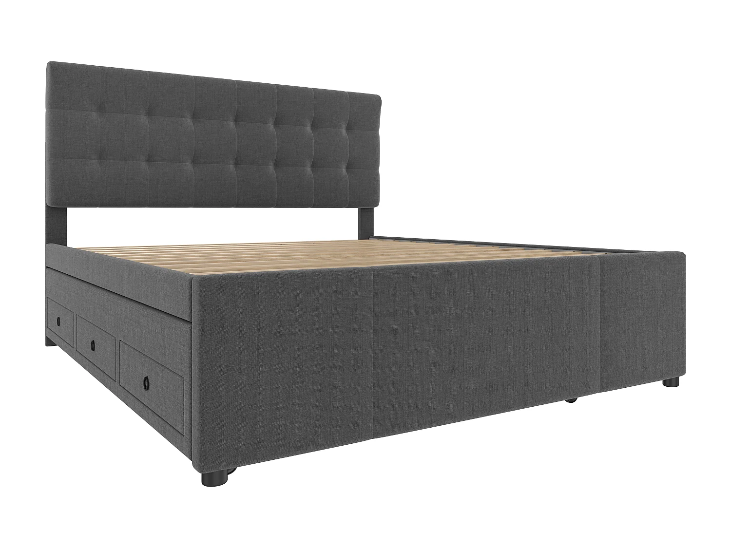 Lit double 140x200 cm avec lit gigogne, 3 tiroirs et tête de lit réglable, en lin gris (Sans matelas)