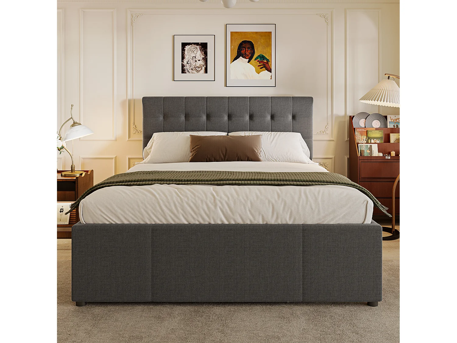 Lit double 140x200 cm avec lit gigogne, 3 tiroirs et tête de lit réglable, en lin gris (Sans matelas)