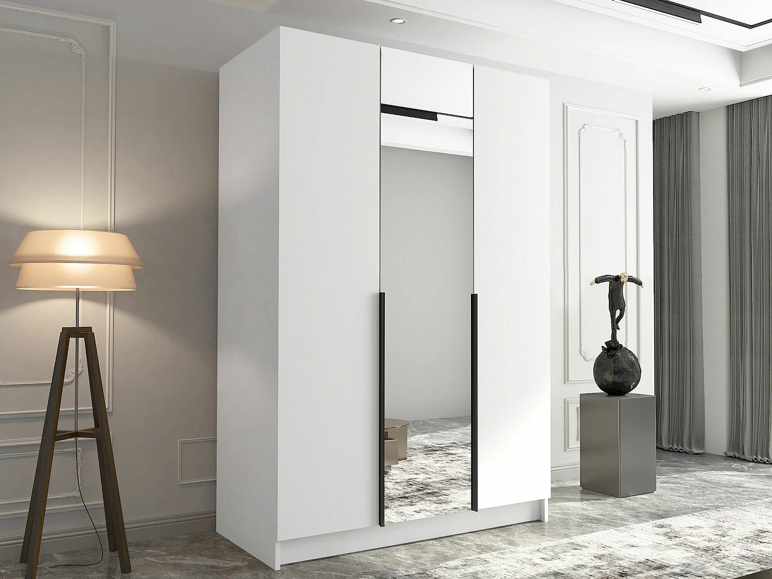 Armoire Closico 197, Noir|Blanc, 215x150x58cm, Portes d'armoire: Avec des charnières