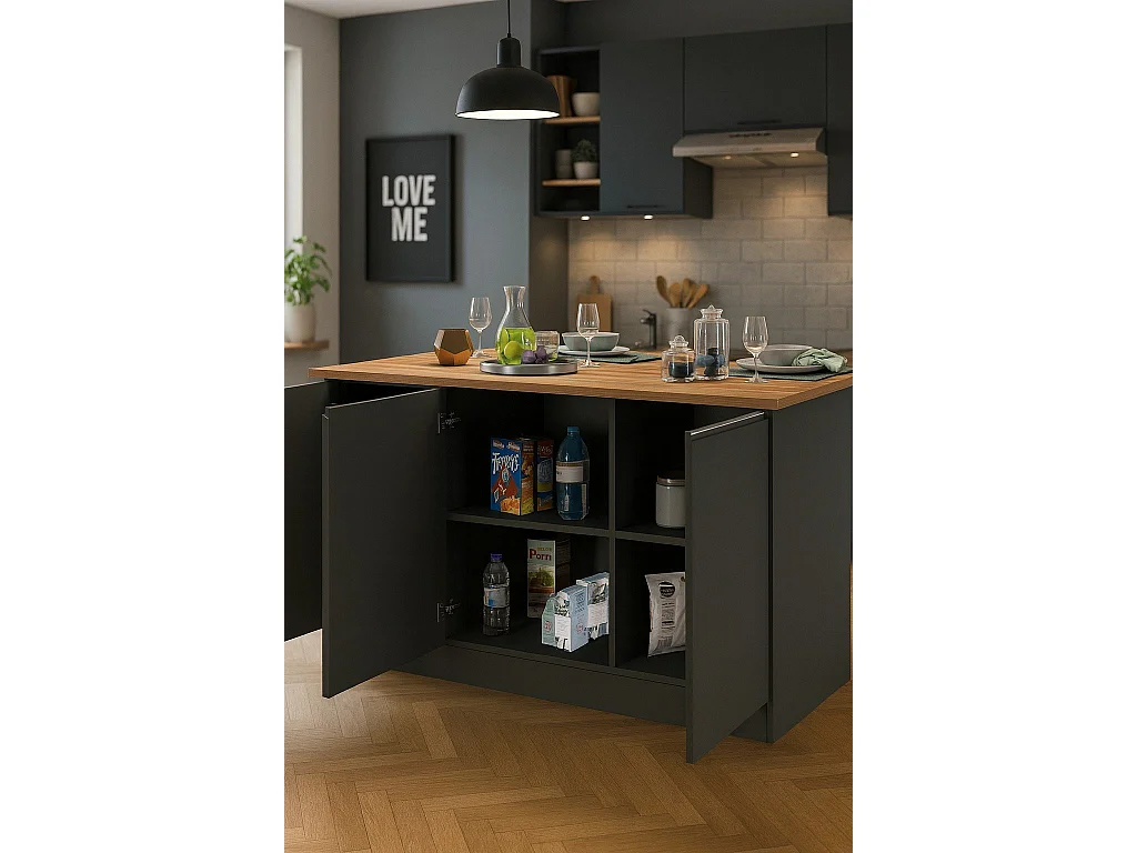 Ilot de cuisine Dcarnelo, Armoire polyvalente, Meuble de kitchenette, Table auxiliaire, 100% Made in Italy, 155x90h90 cm, Anthracite et Chêne