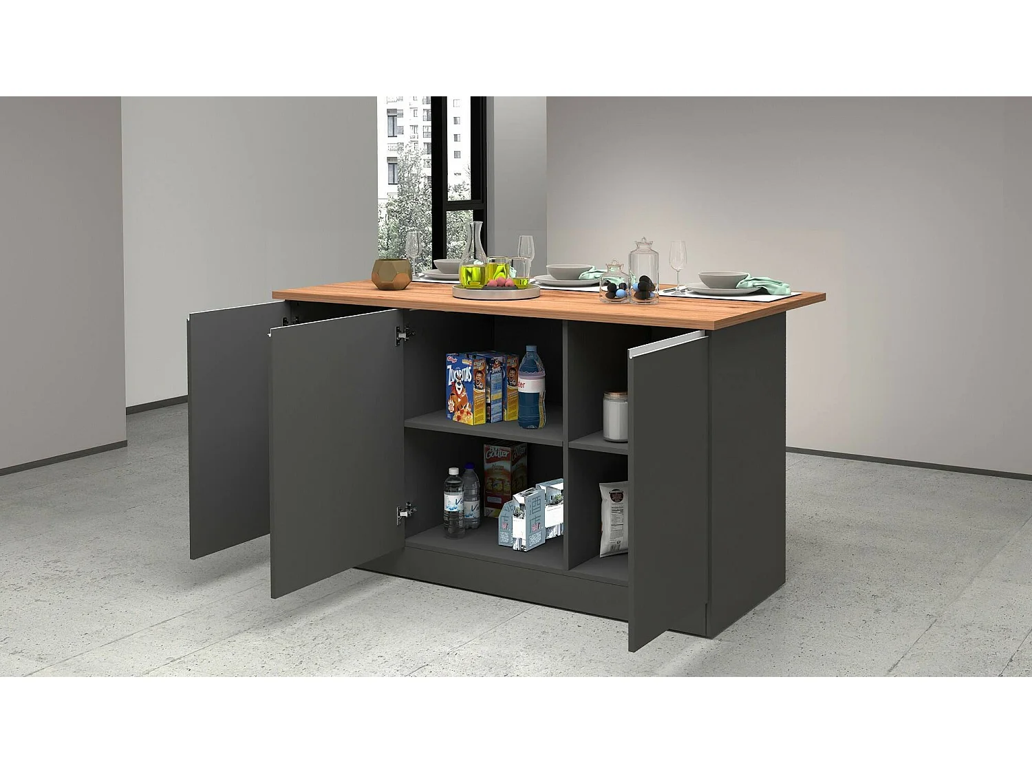 Ilot de cuisine Dcarnelo, Armoire polyvalente, Meuble de kitchenette, Table auxiliaire, 100% Made in Italy, 155x90h90 cm, Anthracite et Chêne