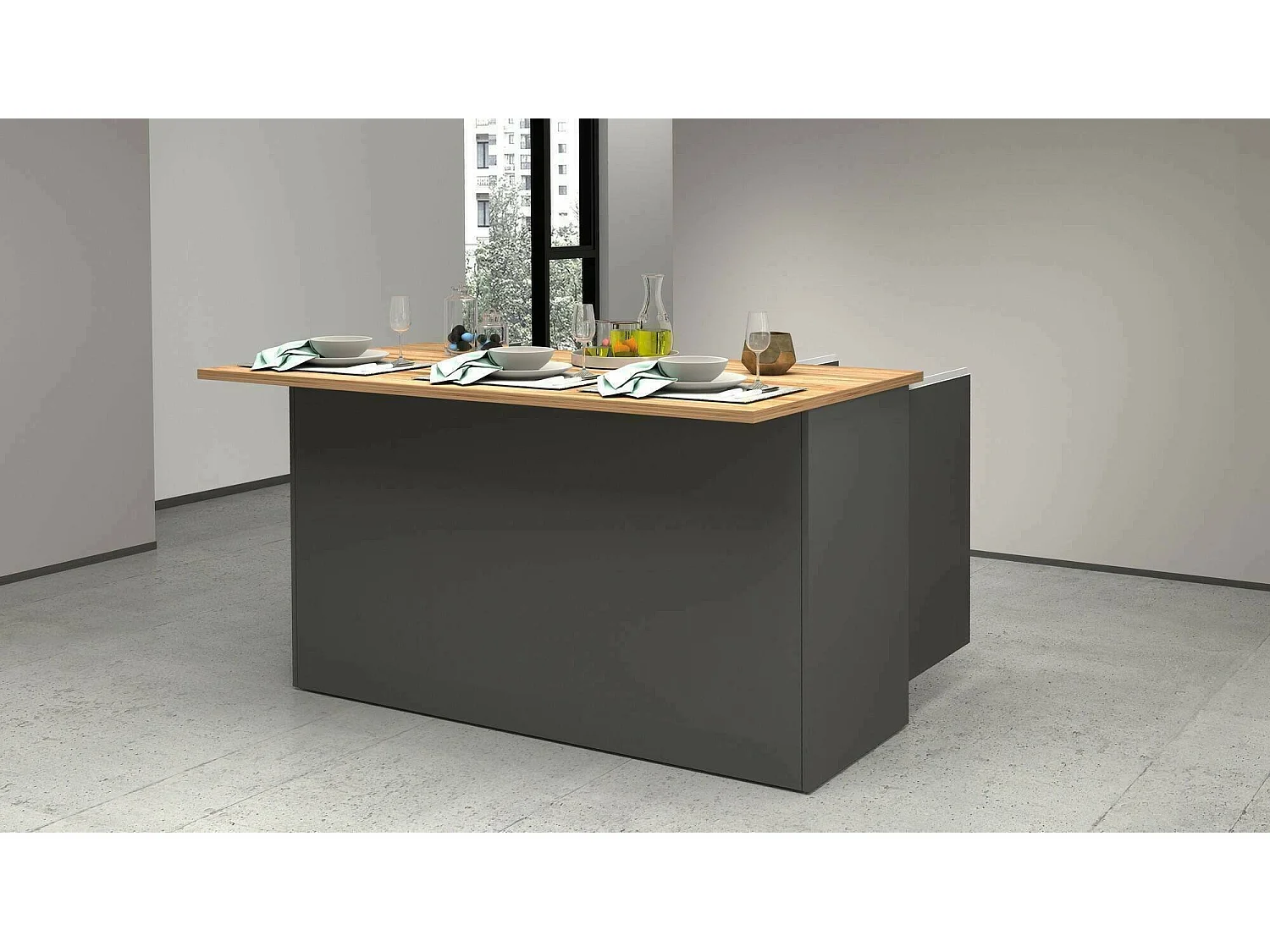 Ilot de cuisine Dcarnelo, Armoire polyvalente, Meuble de kitchenette, Table auxiliaire, 100% Made in Italy, 155x90h90 cm, Anthracite et Chêne