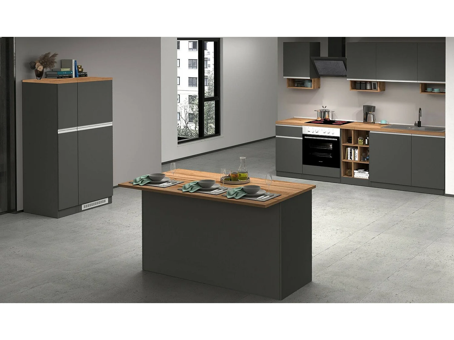 Ilot de cuisine Dcarnelo, Armoire polyvalente, Meuble de kitchenette, Table auxiliaire, 100% Made in Italy, 155x90h90 cm, Anthracite et Chêne