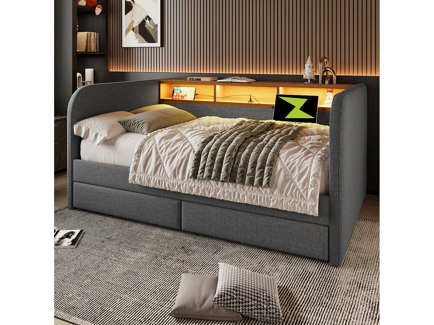 Lit enfant 140x190 cm avec sommier - tête de lit capitonnée avec USB et LED 2 tiroirs - lin gris (sans matelas )