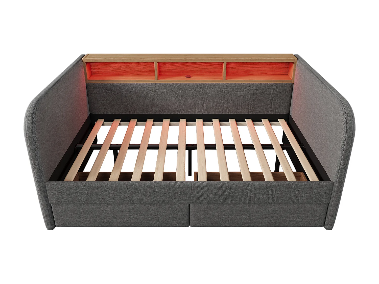 Lit enfant 140x190 cm avec sommier - tête de lit capitonnée avec USB et LED 2 tiroirs - lin gris (sans matelas )