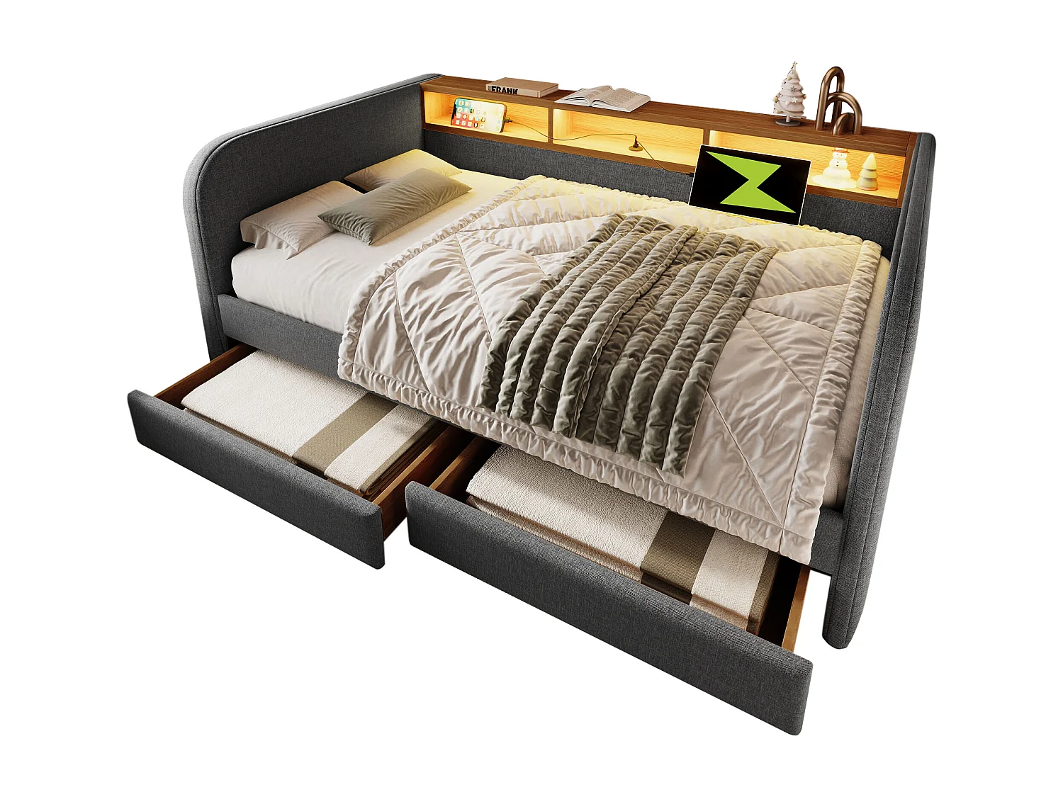 Lit enfant 140x190 cm avec sommier - tête de lit capitonnée avec USB et LED 2 tiroirs - lin gris (sans matelas )