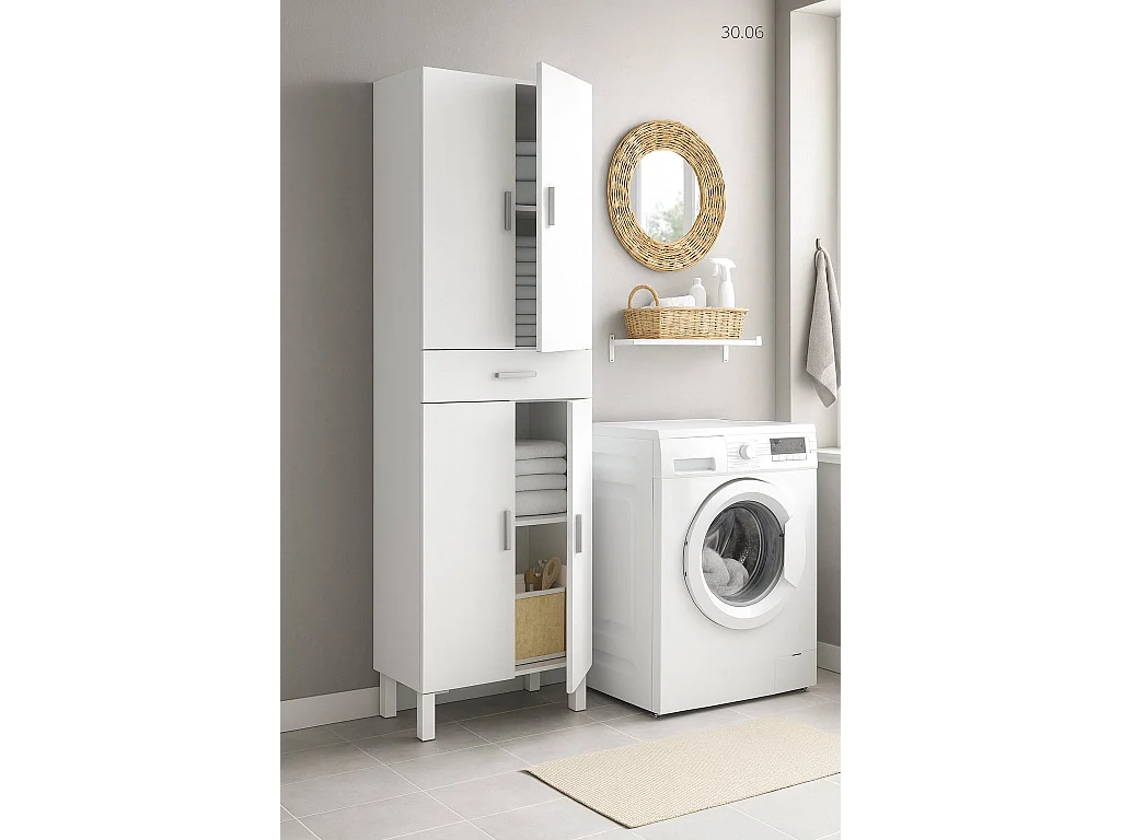 Armoire polyvalente Delobo, Meuble de salle de bain ou buanderie avec 4 portes et 1 tiroir, Armoire à chaussures polyvalente, 60x29h182 cm, Blanc brillant