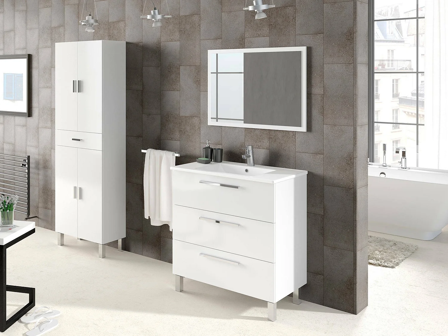 Armoire polyvalente Delobo, Meuble de salle de bain ou buanderie avec 4 portes et 1 tiroir, Armoire à chaussures polyvalente, 60x29h182 cm, Blanc brillant