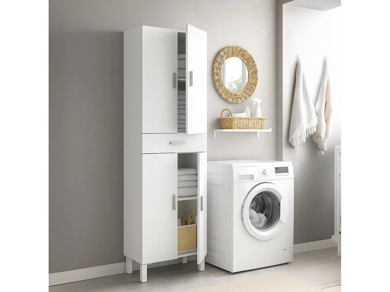 Delobo multifunctionele kledingkast, Badkamer- of waskast met 4 deuren en 1 lade, Multifunctionele schoenenkast, 60x29h182 cm, Glanzend wit