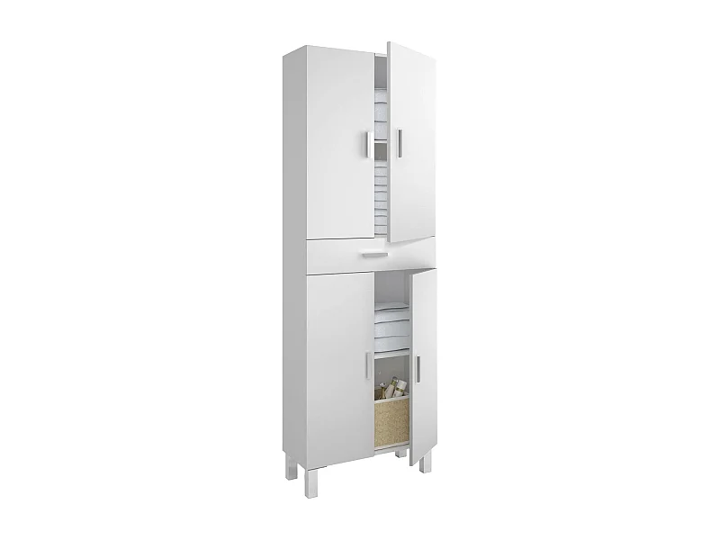 Armoire polyvalente Delobo, Meuble de salle de bain ou buanderie avec 4 portes et 1 tiroir, Armoire à chaussures polyvalente, 60x29h182 cm, Blanc brillant