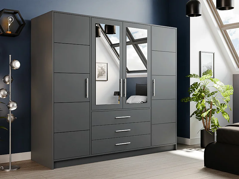 Armoire Dortivu 154, Graphite|Argent, 200x196x58cm, Portes d'armoire: Avec des charnières