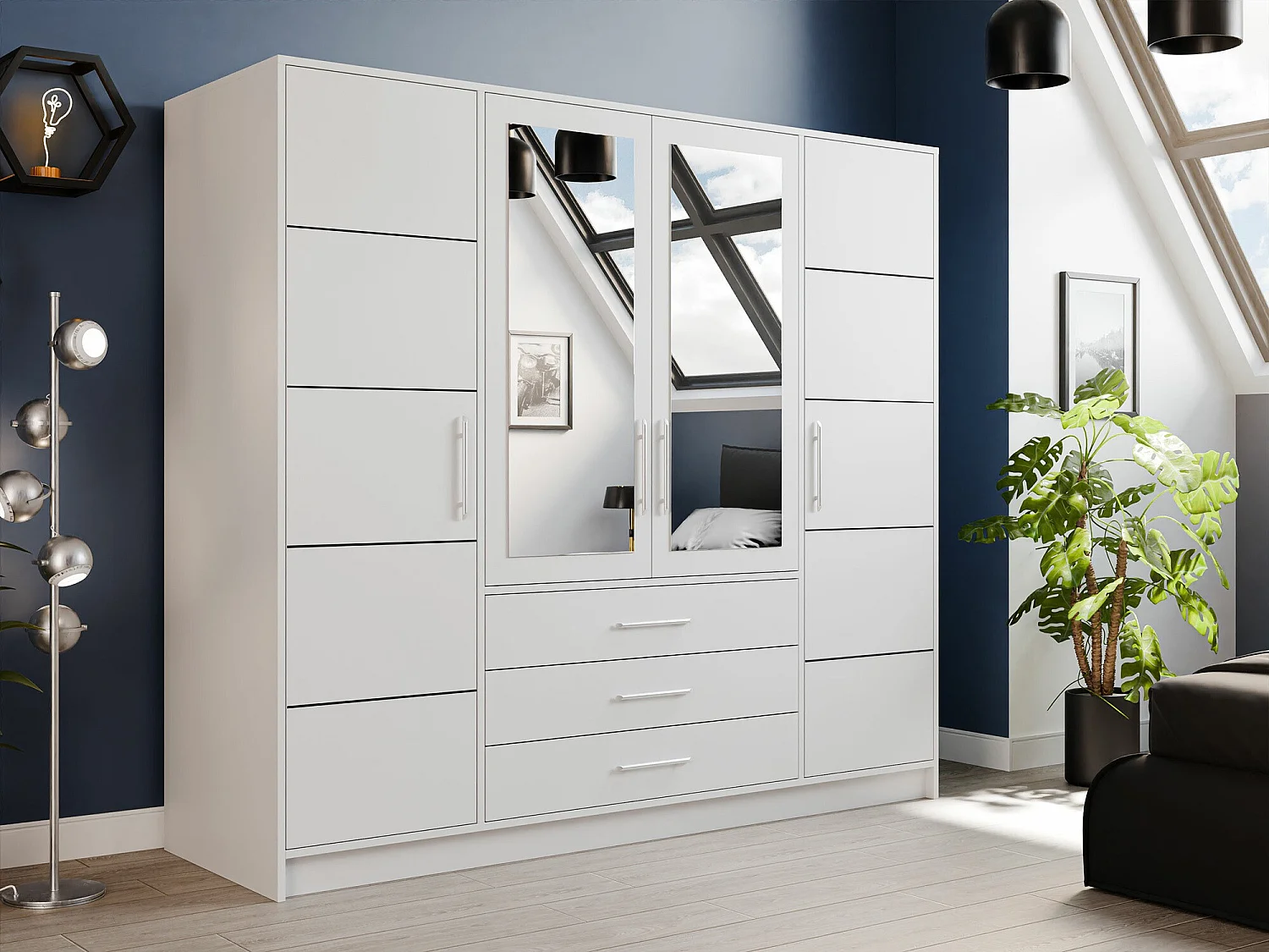 Armoire Dortivu 154, Argent|Blanc, 200x196x58cm, Portes d'armoire: Avec des charnières