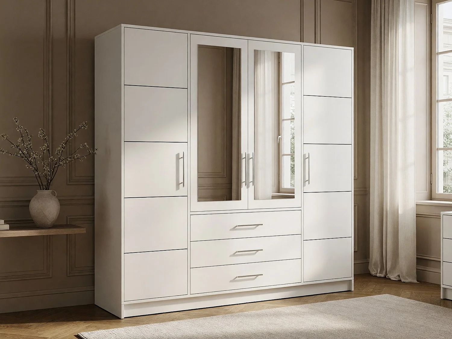 Armoire Dortivu, Argent|Blanc, 200x196x58cm, Portes d'armoire: Avec des charnières
