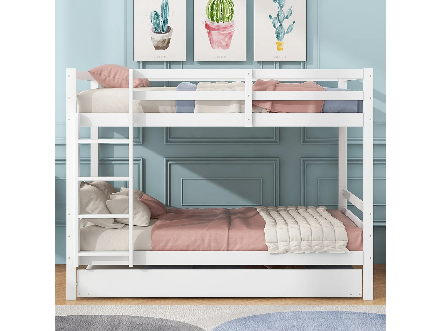 Lit superposé 140x200 cm avec lit gigogne, avec escalier stable, en pin et MDF blanc (Sans matelas)