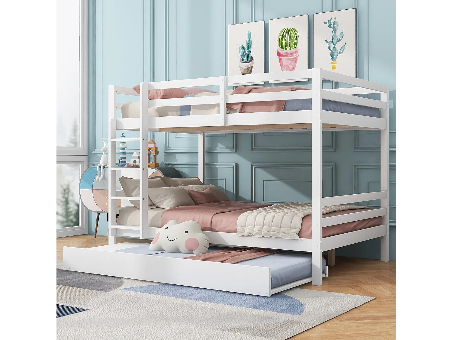 Lit superposé 140x200 cm avec lit gigogne, avec escalier stable, en pin et MDF blanc (Sans matelas)