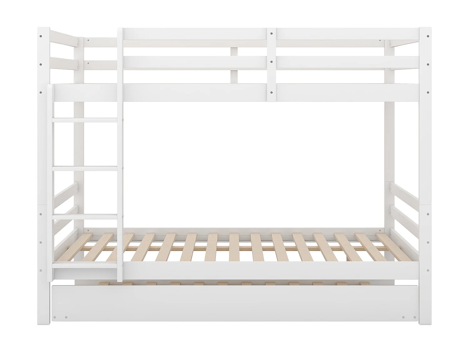 Lit superposé 140x200 cm avec lit gigogne, avec escalier stable, en pin et MDF blanc (Sans matelas)
