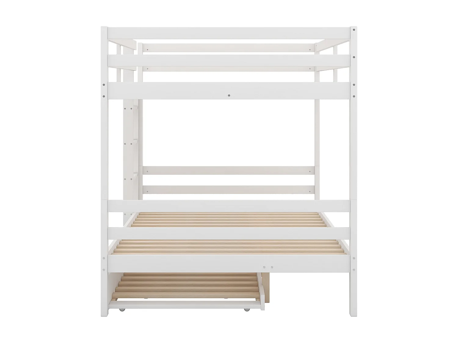 Lit superposé 140x200 cm avec lit gigogne, avec escalier stable, en pin et MDF blanc (Sans matelas)