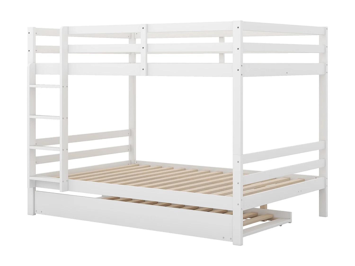Lit superposé 140x200 cm avec lit gigogne, avec escalier stable, en pin et MDF blanc (Sans matelas)