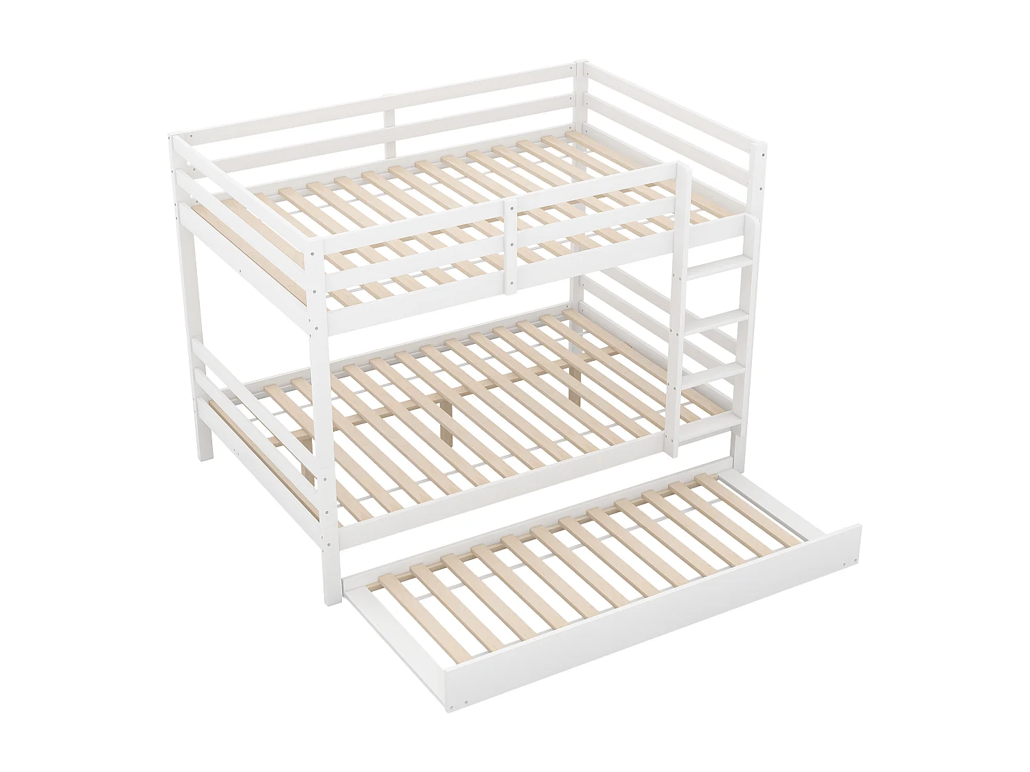 Lit superposé 140x200 cm avec lit gigogne, avec escalier stable, en pin et MDF blanc (Sans matelas)