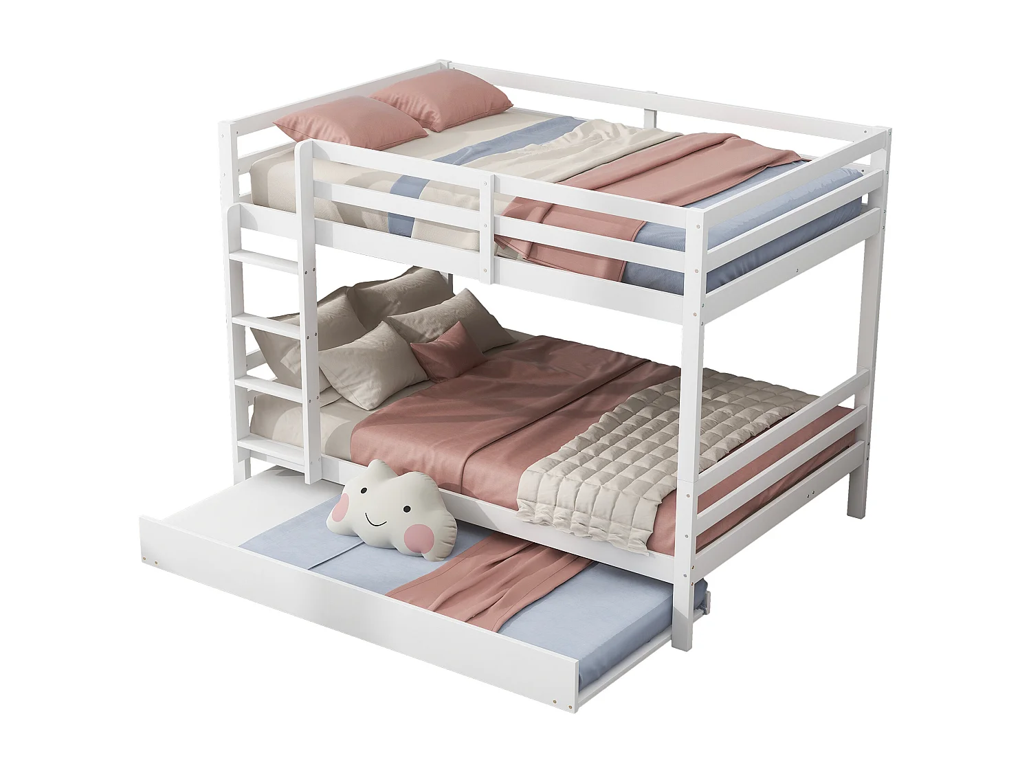 Lit superposé 140x200 cm avec lit gigogne, avec escalier stable, en pin et MDF blanc (Sans matelas)