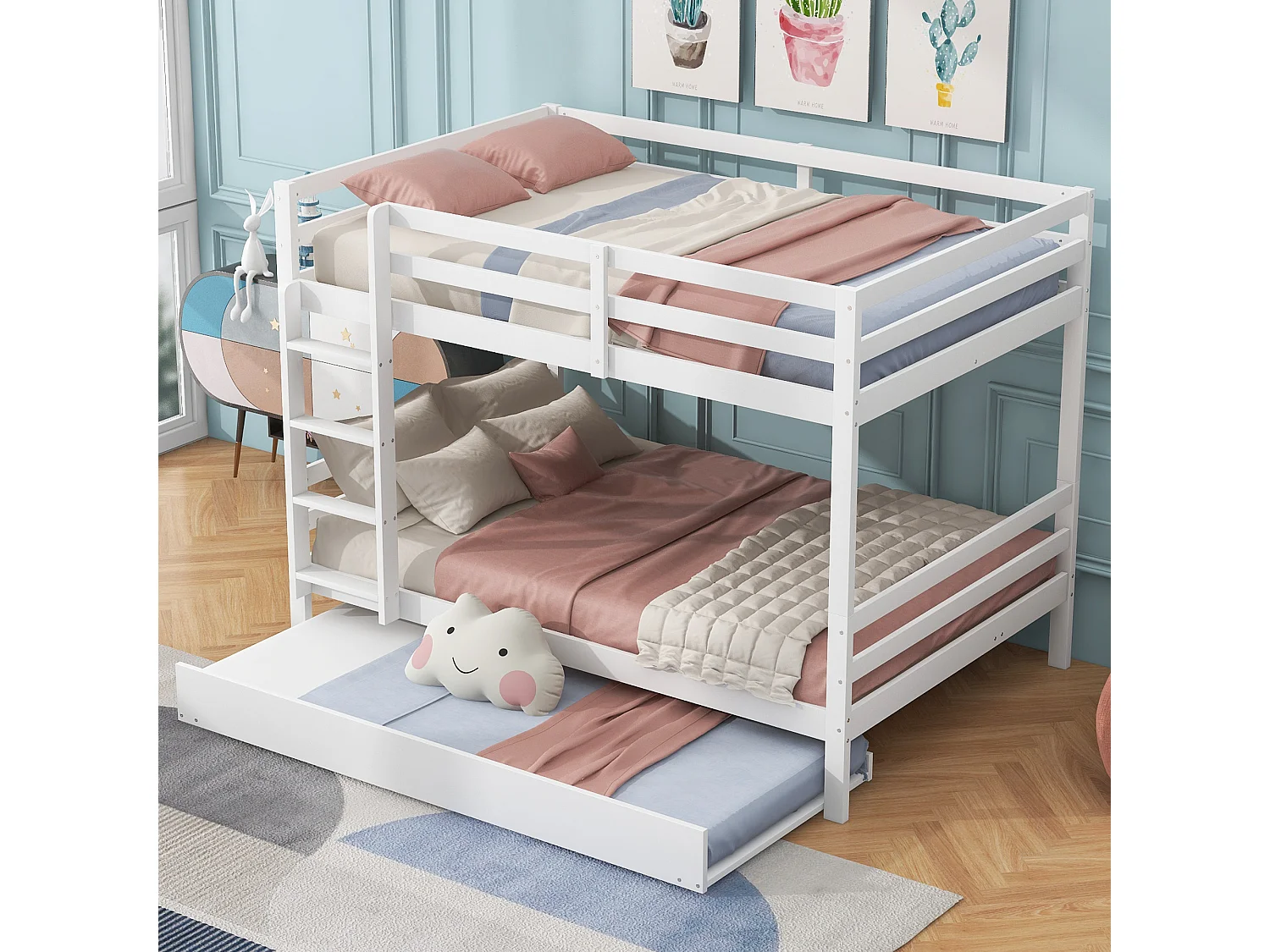 Lit superposé 140x200 cm avec lit gigogne, avec escalier stable, en pin et MDF blanc (Sans matelas)