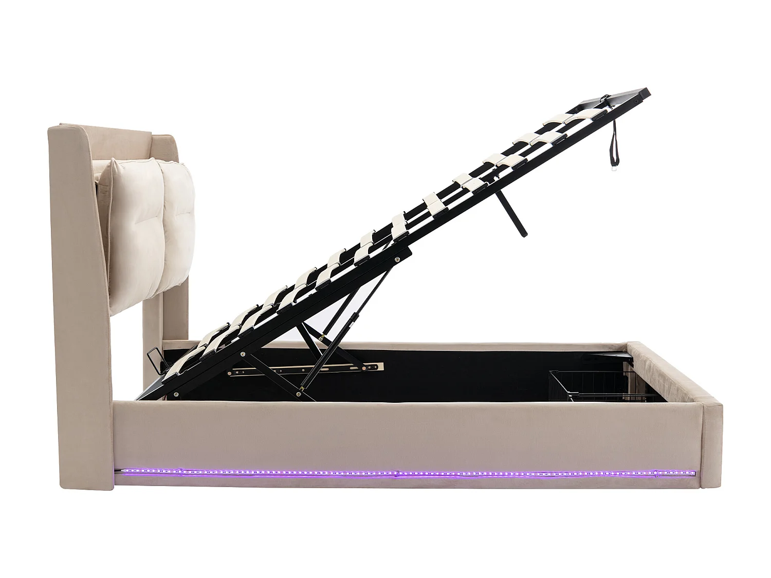 Lit coffre 160x200 cm avec sommier - tête de lit capitonnée avec tiroirs 2 en 1 et LED - velours beige (sans matelas)