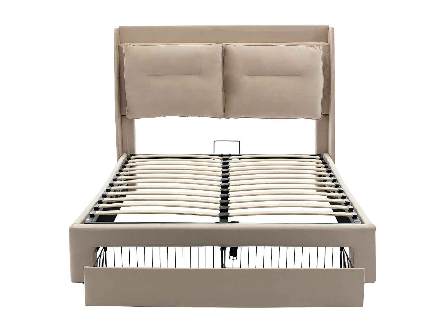 Lit coffre 160x200 cm avec LED et tiroir de rangement 2 en 1, avec sommier à lattes, velours, beige (Sans matelas)