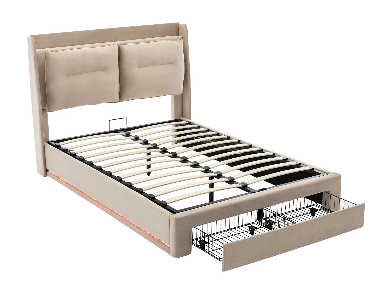 Lit coffre 160x200 cm avec LED et tiroir de rangement 2 en 1, avec sommier à lattes, velours, beige (Sans matelas)
