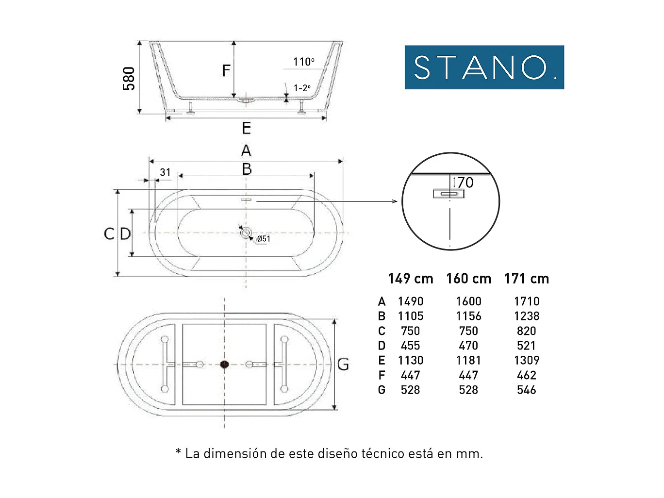 Baignoire îlot design ovale FINDLAY blanche 171 cm