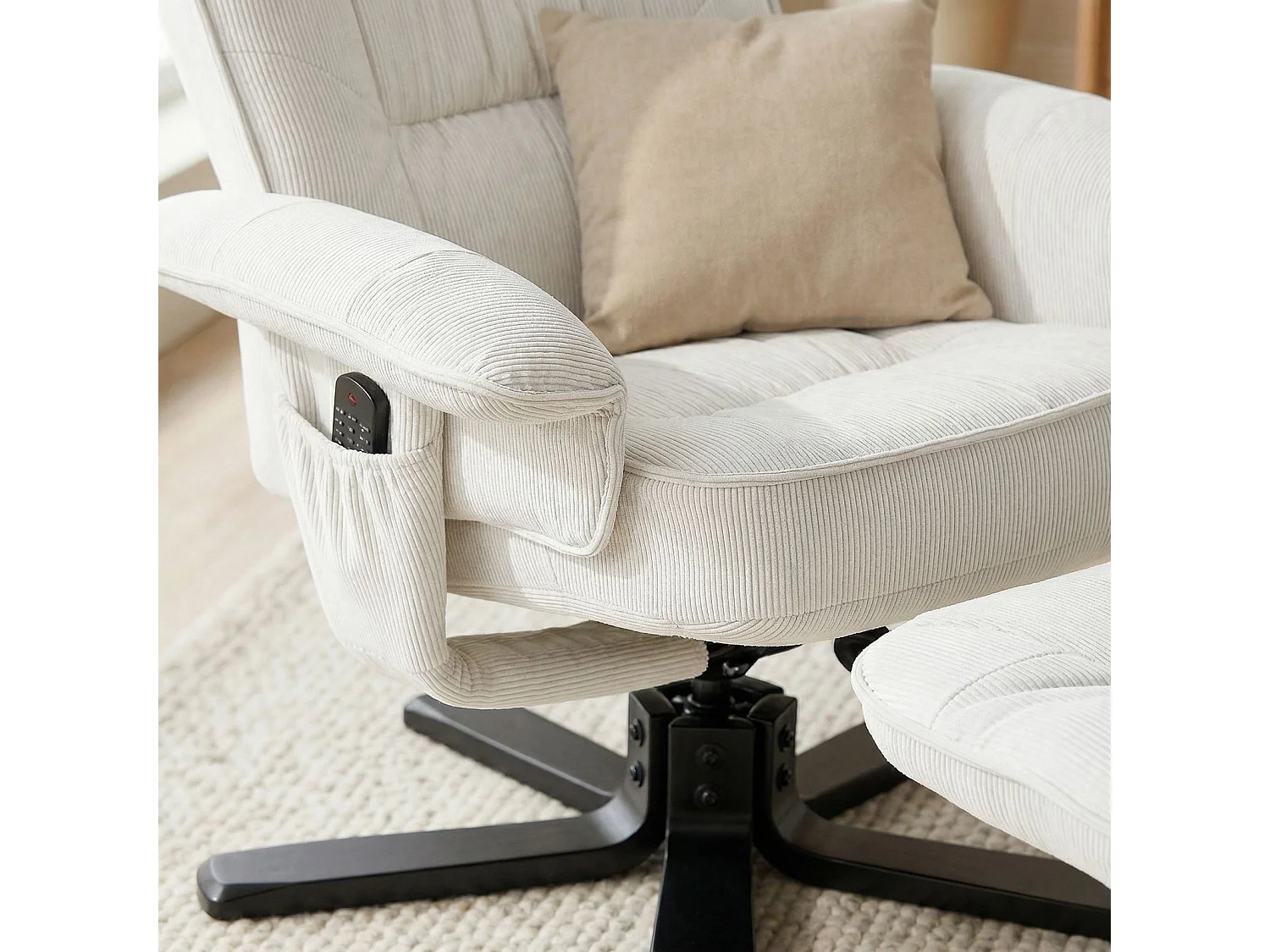 IDIMEX Fauteuil de Relaxation Charly avec Repose-Pieds pouf, siège pivotant et Dossier inclinable en velours côtelé blanc/noir