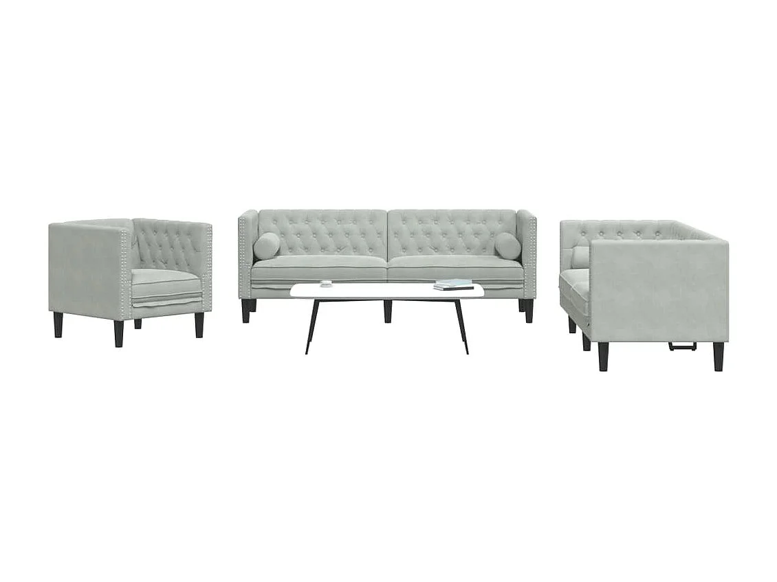 3-tlg. Chesterfield-Sofa-Set mit Nackenrollen Hellgrau Samt