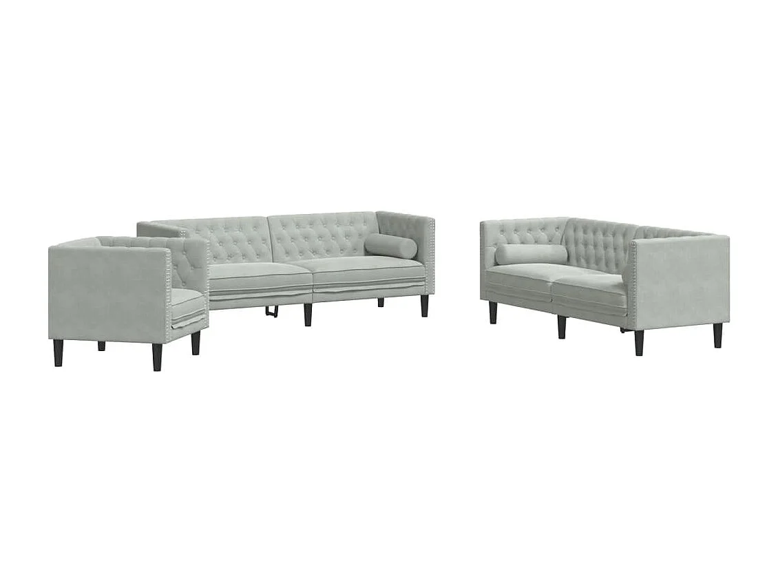 3-tlg. Chesterfield-Sofa-Set mit Nackenrollen Hellgrau Samt