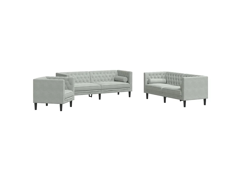 3-tlg. Chesterfield-Sofa-Set mit Nackenrollen Hellgrau Samt